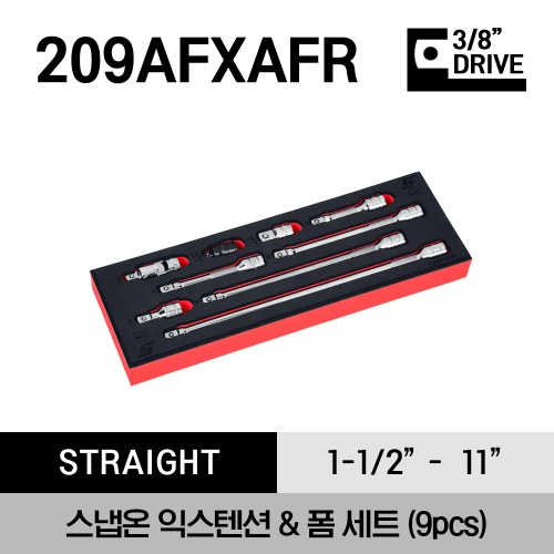 209AFXAFR 3/8&quot; Drive Extension and Adaptor Foam Set (Red) (9 pcs) 스냅온 3/8&quot; 드라이브 익스텐션 &amp; 어댑터 폼 세트 (9 pcs) 세트구성 : FX1, FXK3, FXK4, FXK6, FXK8, FXK11, FU8A, A2A, GFAT1E / 폼 사이즈 : W 76 x L 340 x D 35 mm